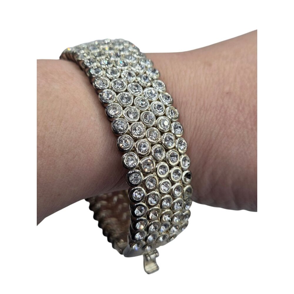 Crystal Rhinestone Silver-Tone Wide Bracelet For Women
